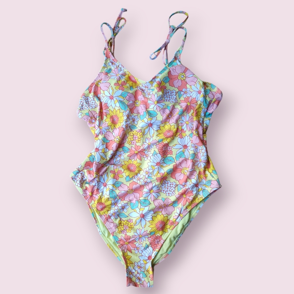 Tahiti Floral Boho Swimsuit Adjustable Tie Straps
